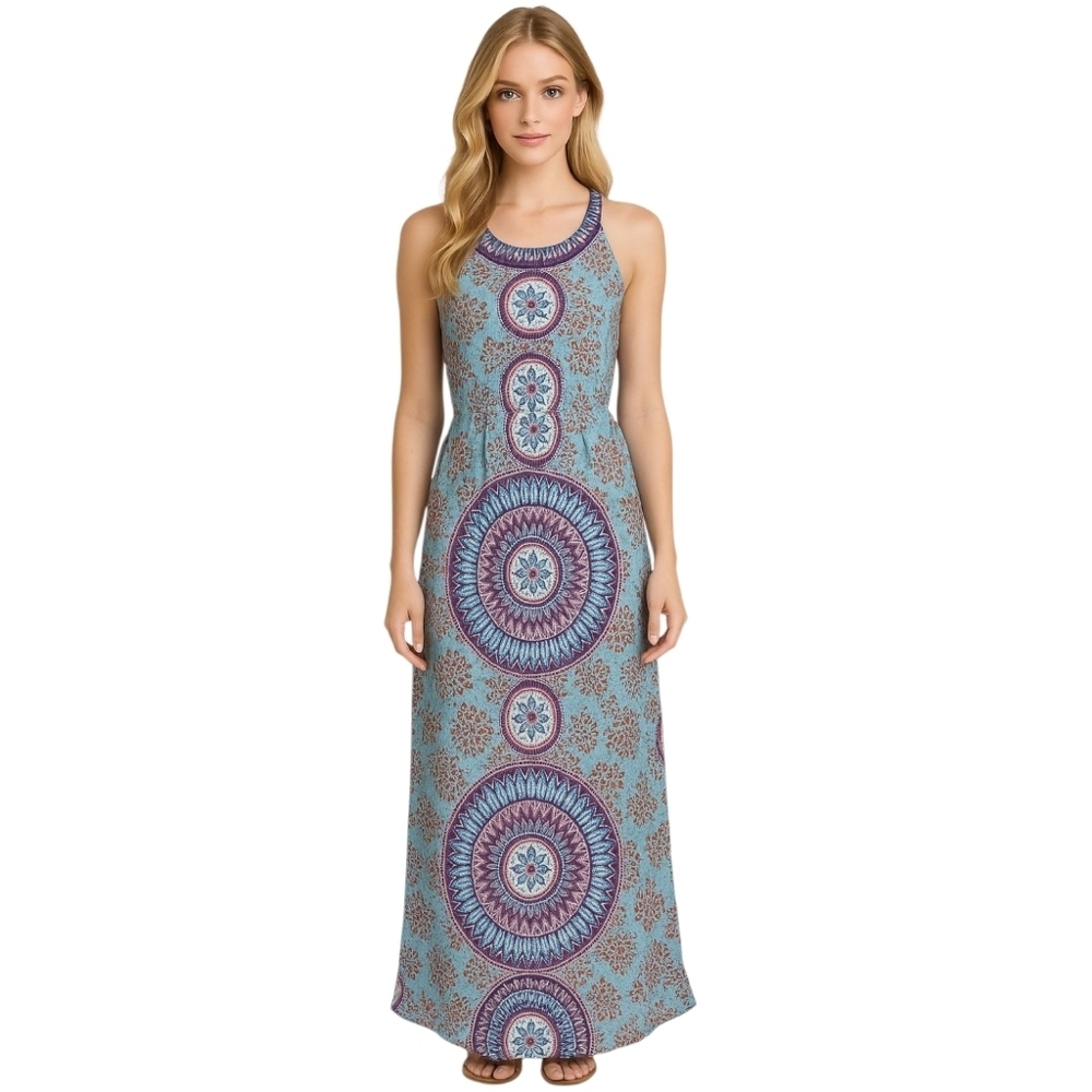 𝅺cato Blue Paisley Geometric Lined Round Neck Sleeveless Maxi Dress Size Small